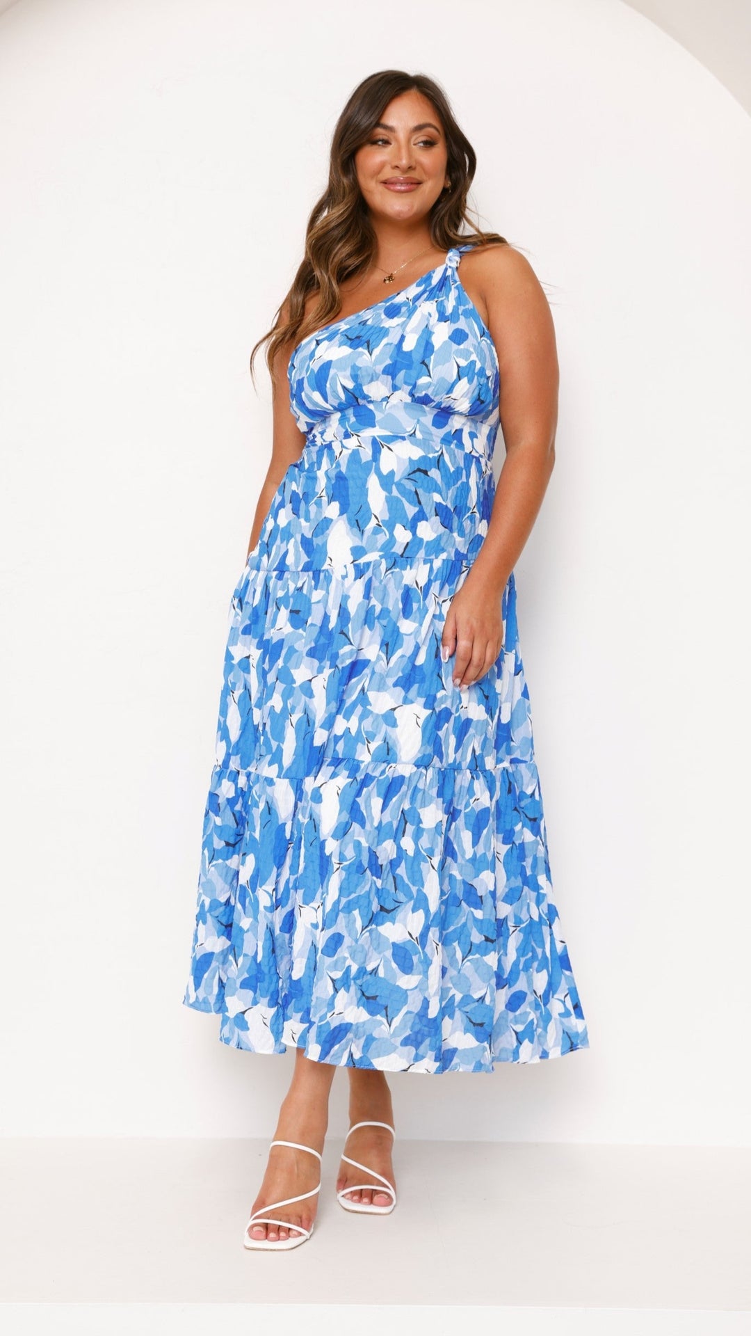 Women's Summer Blue Floral One Shoulder Dress | Maxi