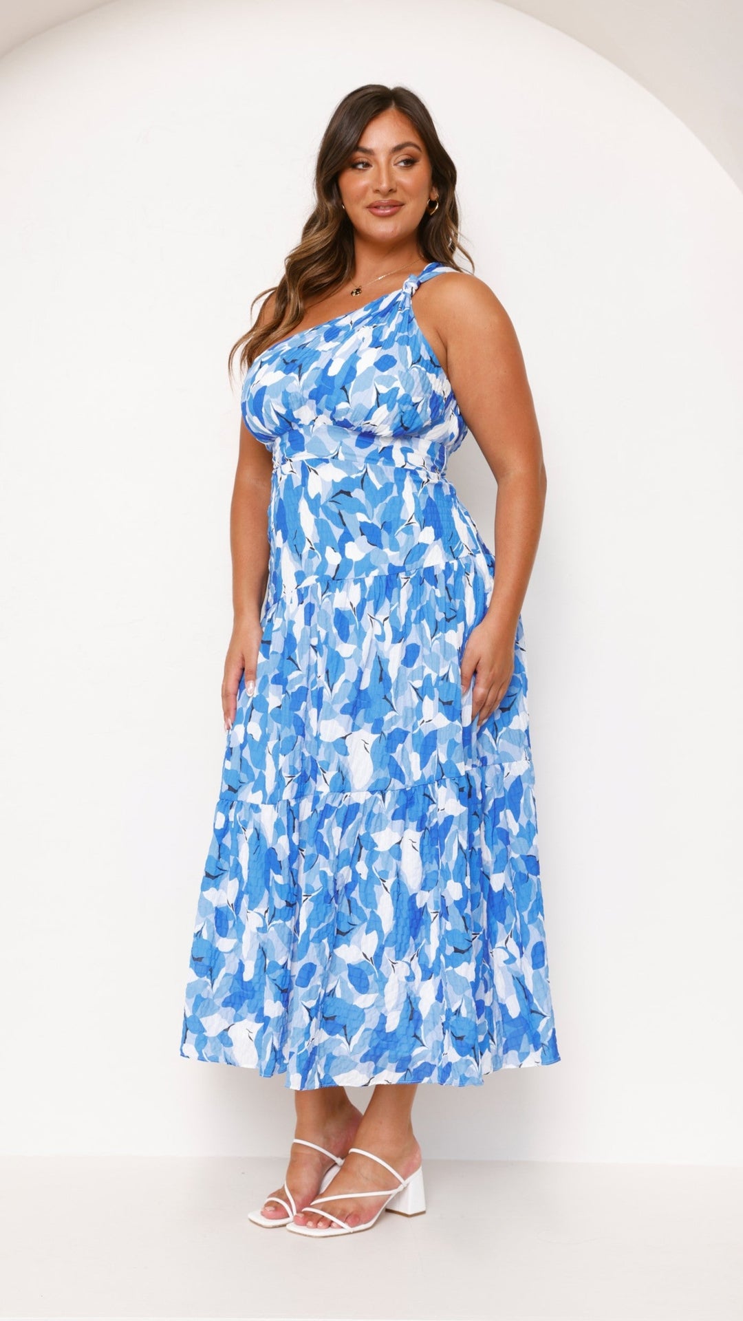 Women's Summer Blue Floral One Shoulder Dress | Maxi