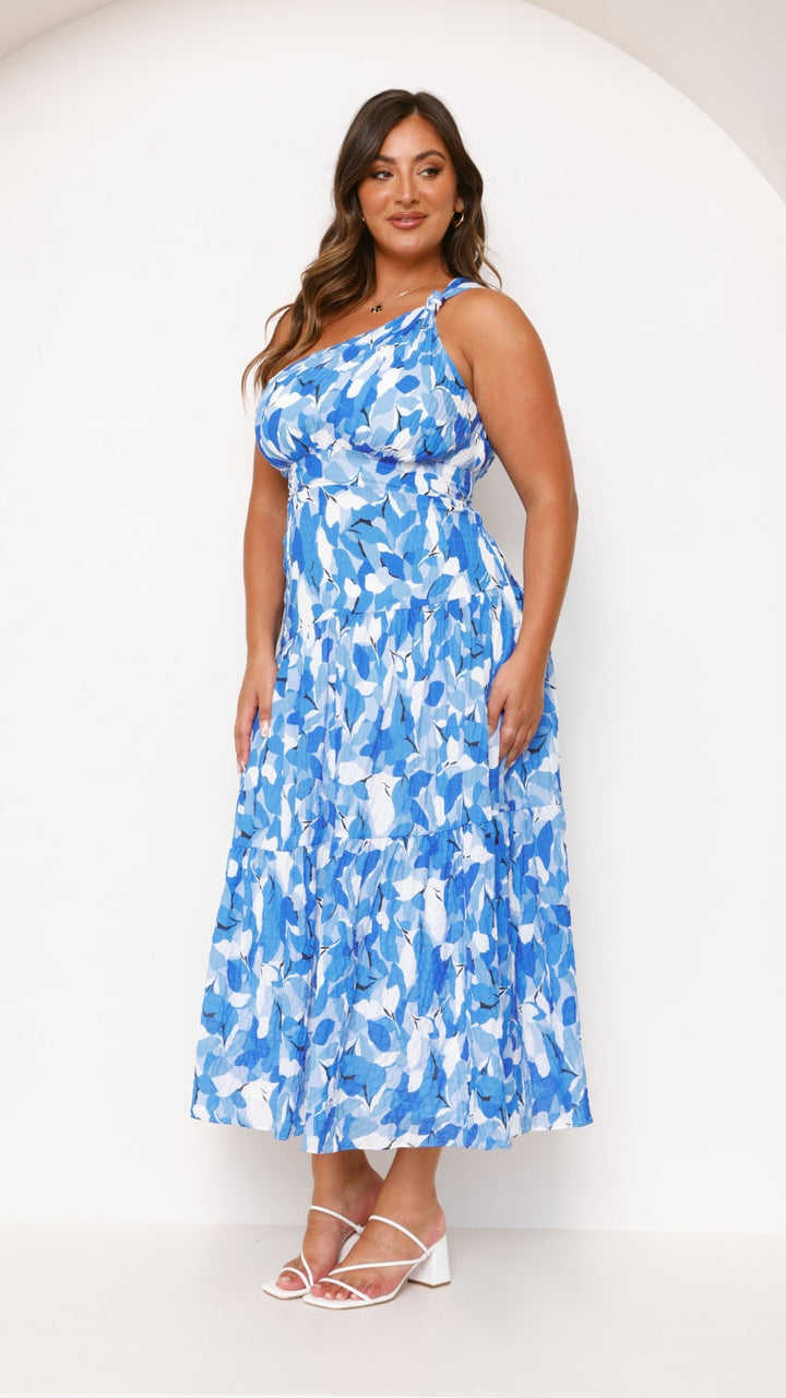 Women's Summer Blue Floral One Shoulder Dress | Maxi