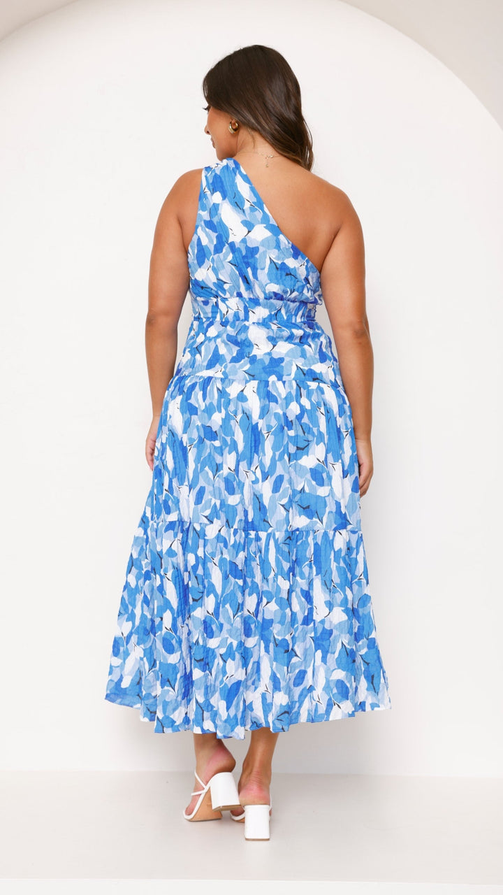 Women's Summer Blue Floral One Shoulder Dress | Maxi