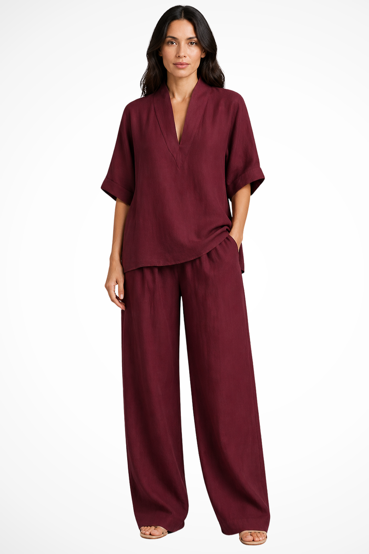 Women's Loose V Neck Top and Wide Leg Trousers Co-Ord Set | Two Piece