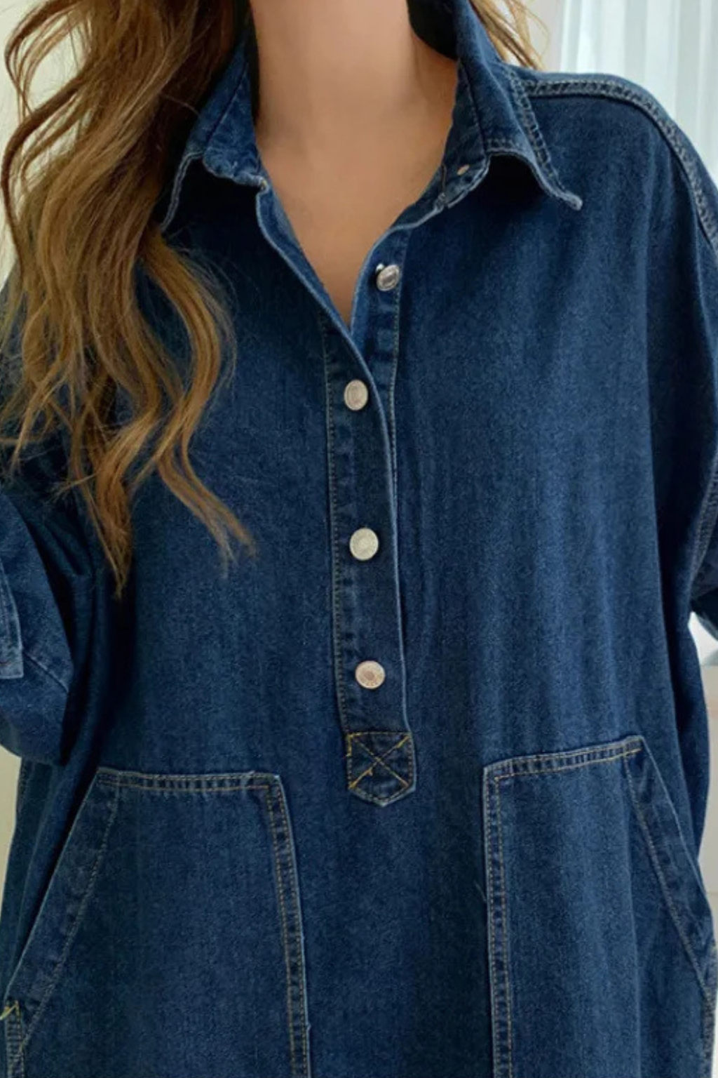 Women's Oversized Long Sleeve Collared Shirt Dress with Pockets | Maxi