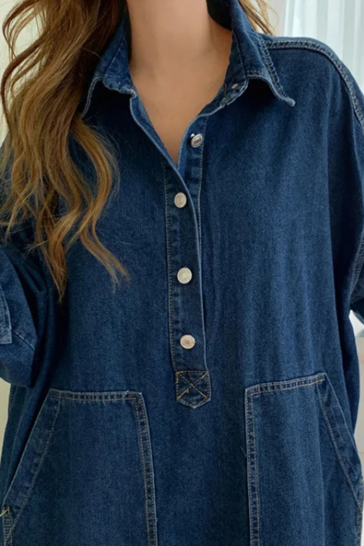 Women's Oversized Long Sleeve Collared Shirt Dress with Pockets | Maxi