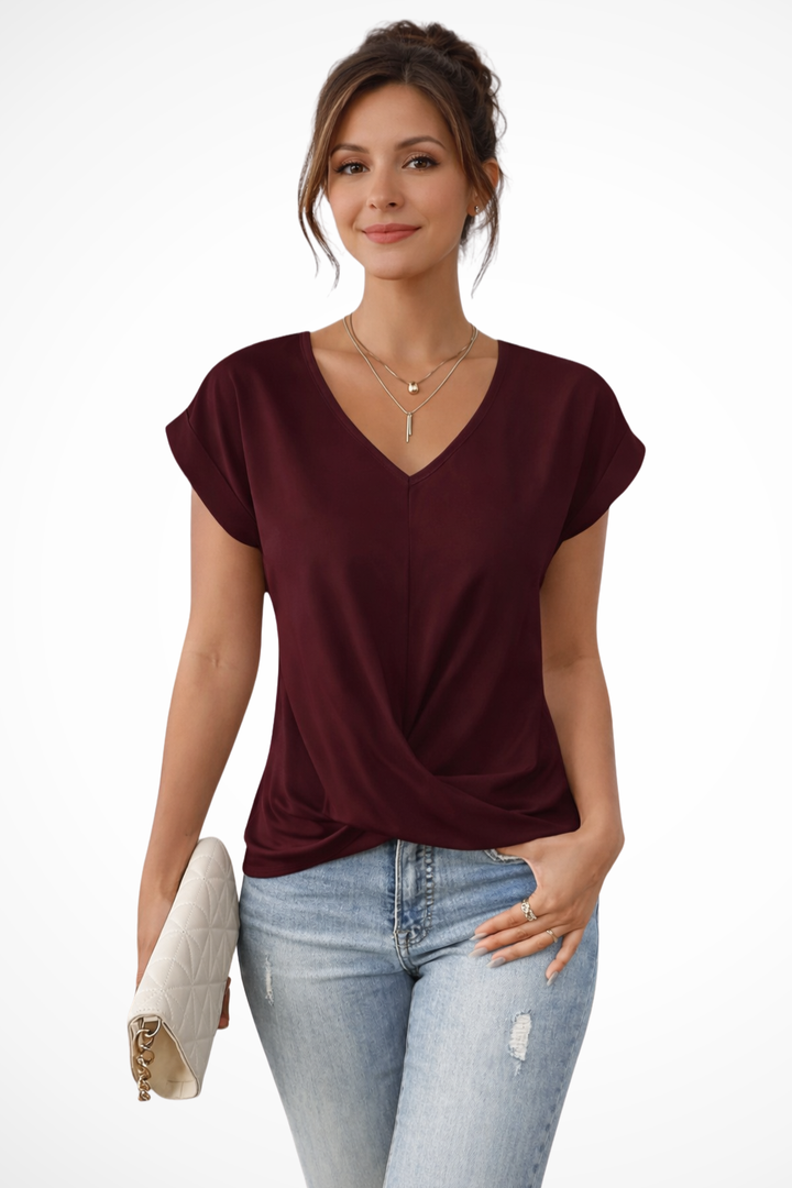 Women's Casual V-Neck Twist Hem Going Out T-Shirt | Short Sleeve