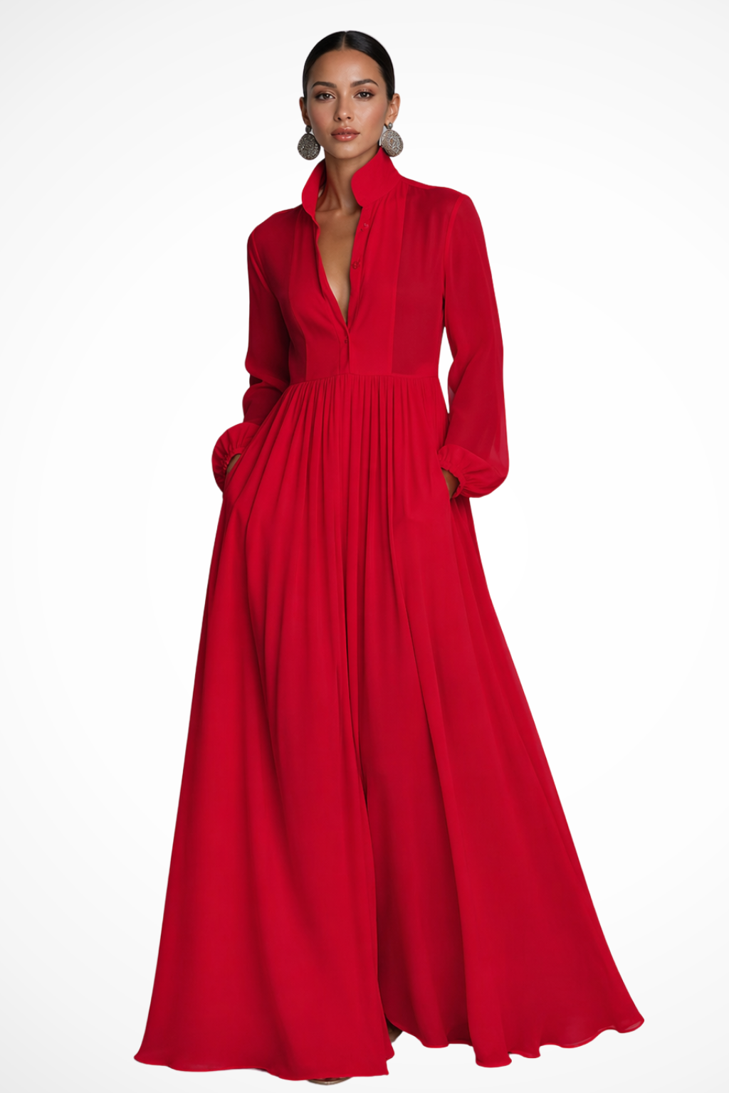 Women's Long Sleeve Button Front Garden Party Dress with Pockets | Maxi