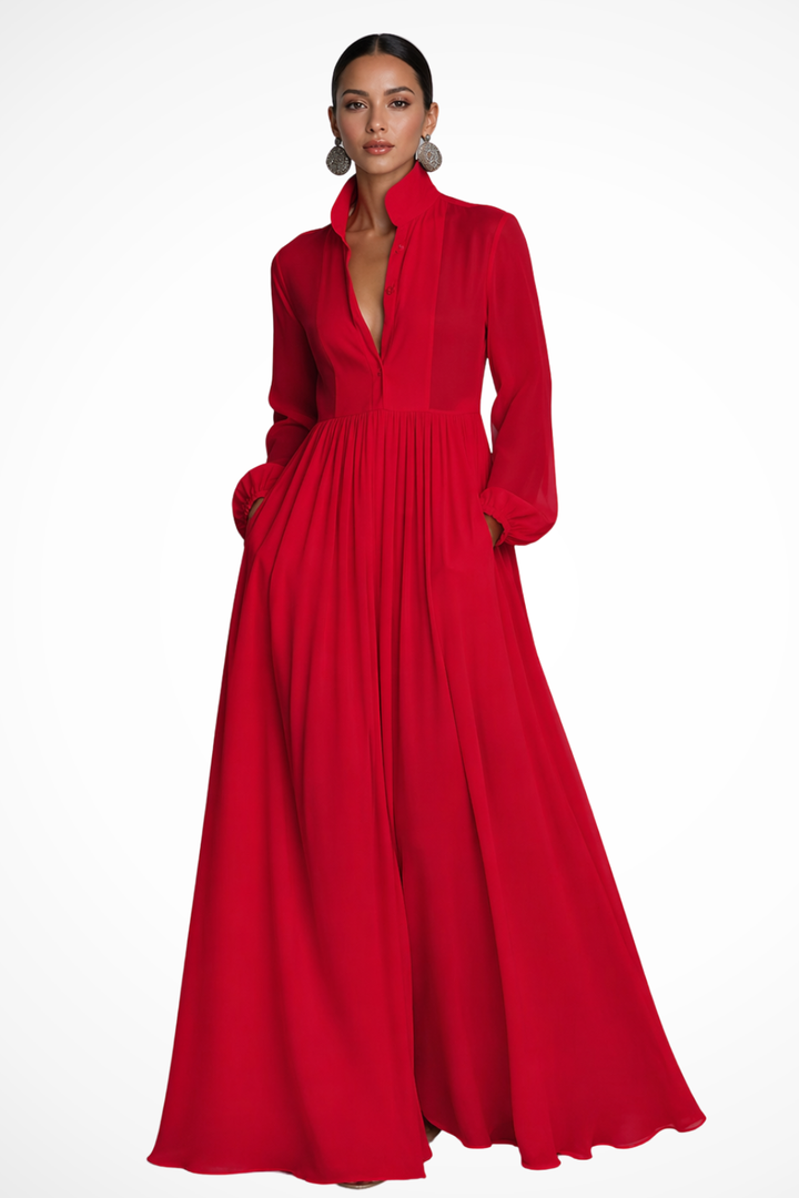 Women's Long Sleeve Button Front Garden Party Dress with Pockets | Maxi