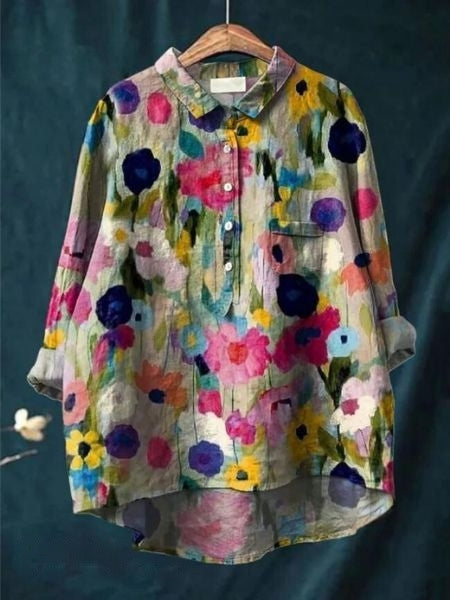 Women's Vintage Floral Button Fron Neck Collared Blouse | Long Sleeves