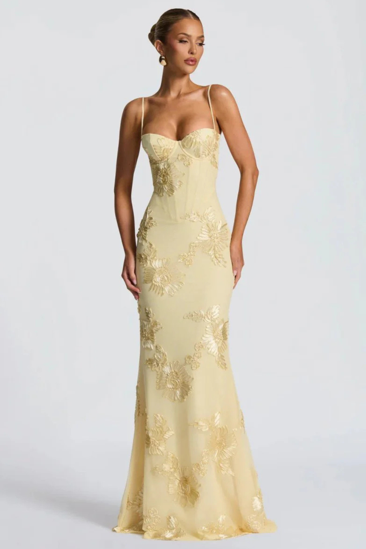 Women's Floral Corset Cami Strap Wedding Guest Dress | Maxi