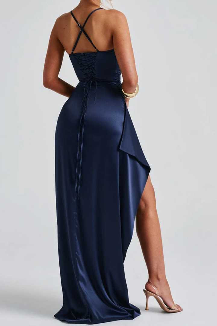 Women's Navy Blue Ruched High Slit Wedding Guest Dress | Maxi