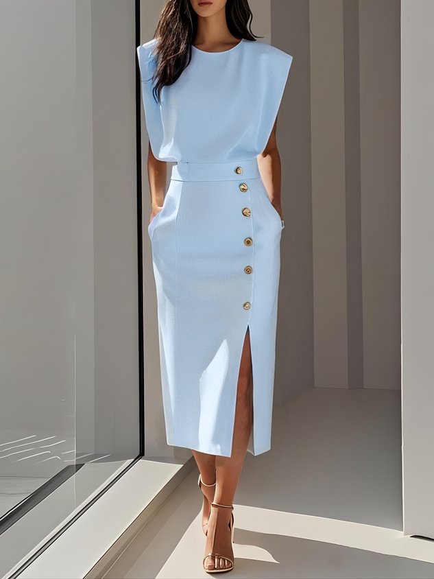 Women's Elegant Button-Front Detail Work Dress with Slit | Midi