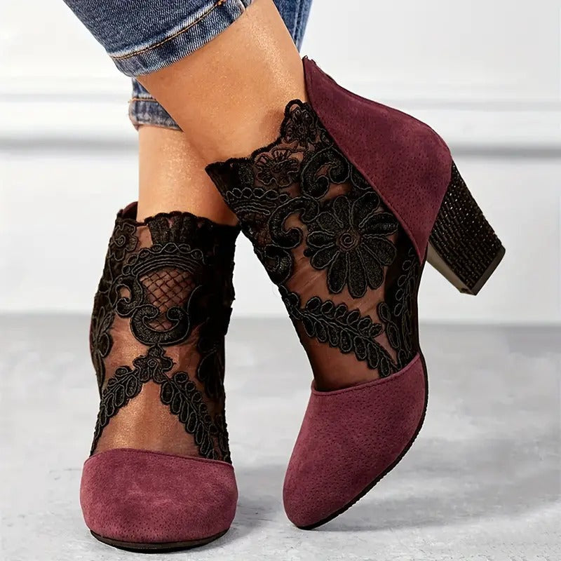 Women's Elegant Floral Heeled Ankle Boots | Orthopedic