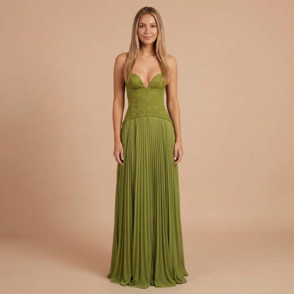 Women's Formal Plunging Sweetheart Pleated Dress | Maxi