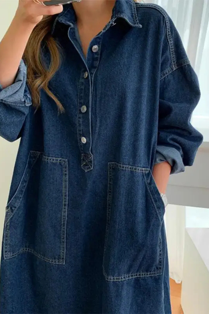 Women's Oversized Long Sleeve Collared Shirt Dress with Pockets | Maxi