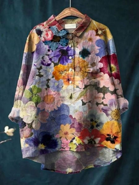 Women's Vintage Floral Button Fron Neck Collared Blouse | Long Sleeves