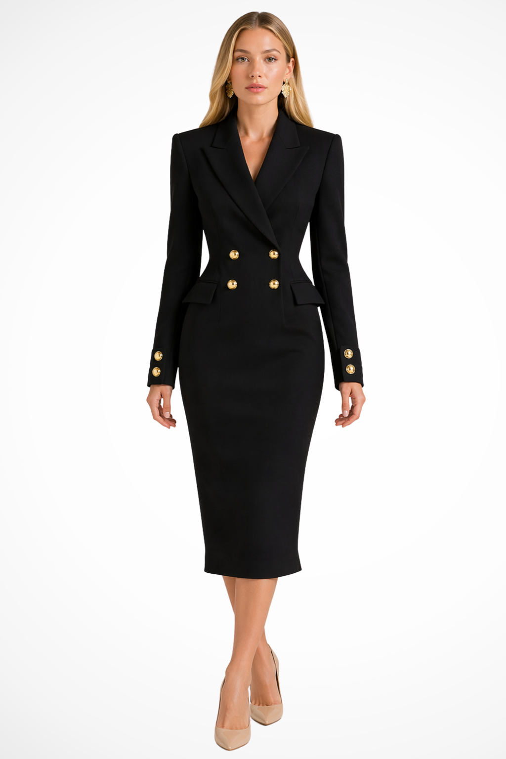 Women's Double Breasted Button Detail Blazer Dress | Midi