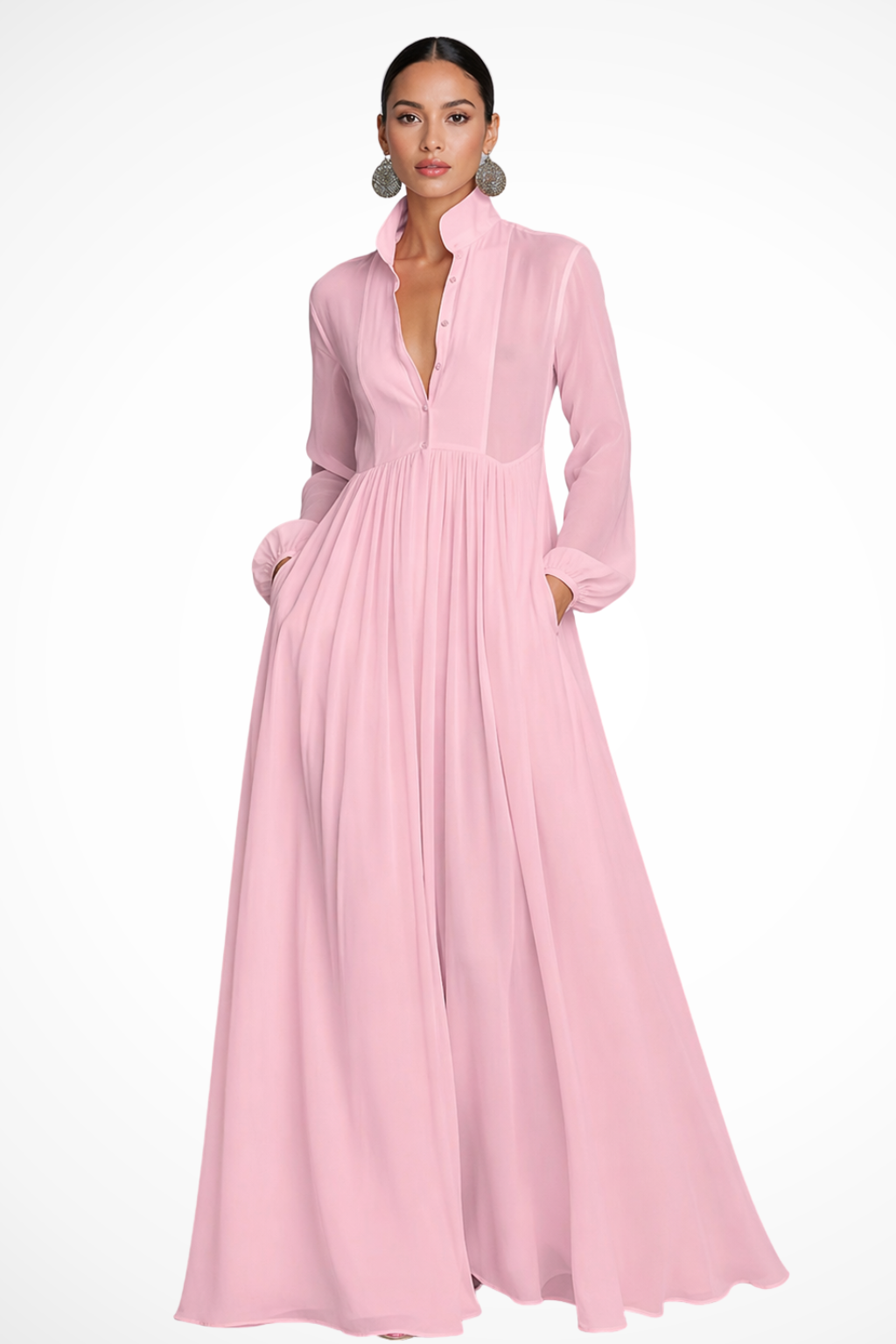 Women's Long Sleeve Button Front Garden Party Dress with Pockets | Maxi