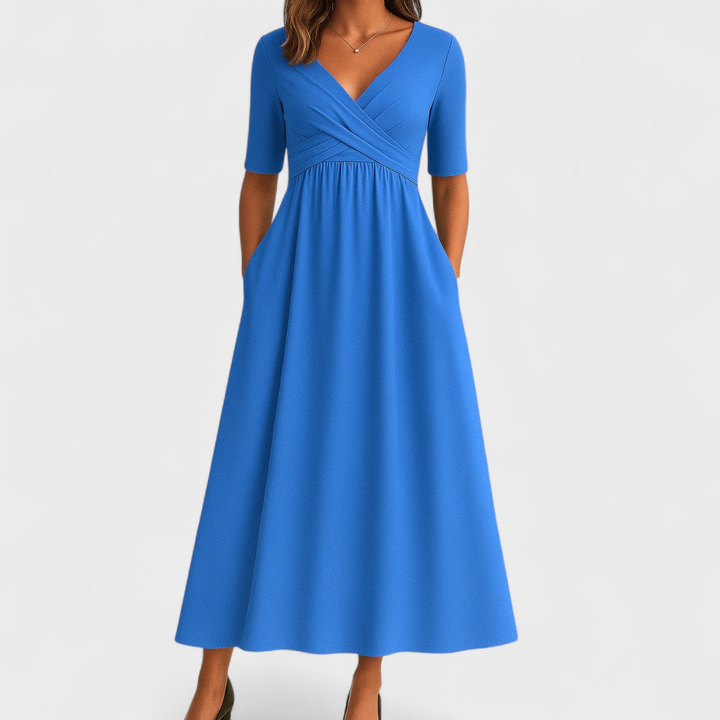 Women's V-Neck Summer Short Sleeve Dress | Midi