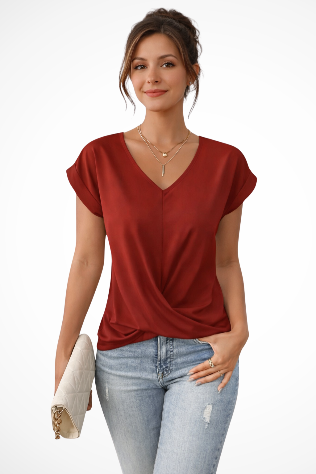 Women's Casual V-Neck Twist Hem Going Out T-Shirt | Short Sleeve