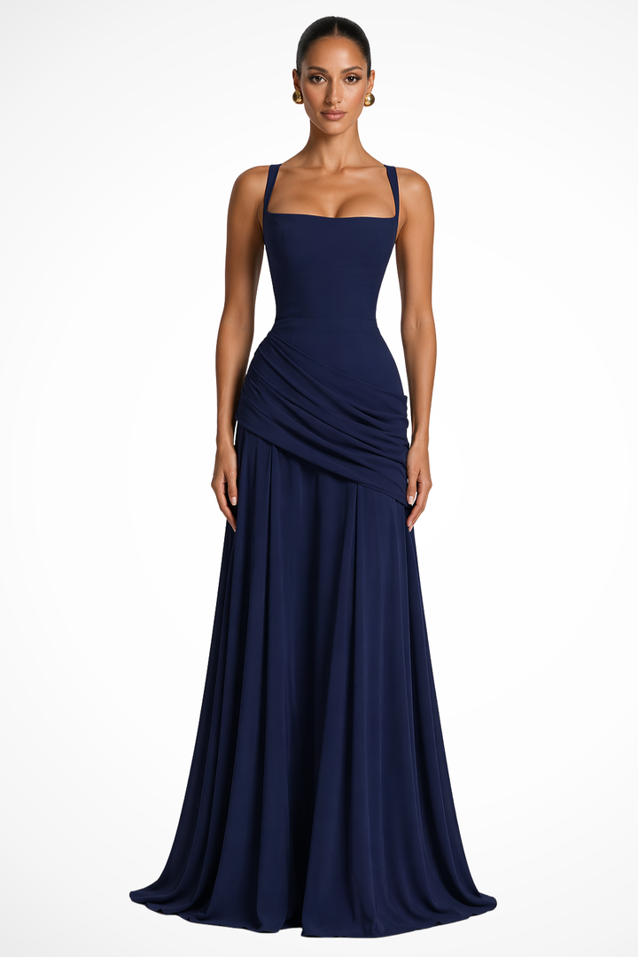 Women's Formal Square Neck Ruched Wedding Guest Dress| Maxi