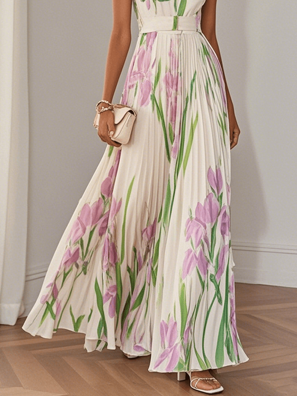 Women's Spring Pleated Floral Wedding Guest Dress | Maxi