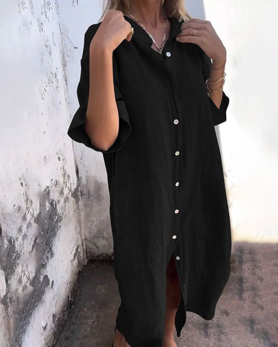 Women's Elegant Button-Up Boho Shirt Dress | Maxi