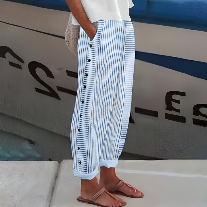 Women's Relaxed Fit Pants with Side Button Detail Pockets | Summer