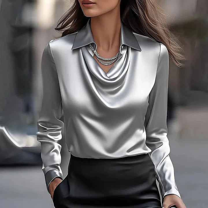 Women's Elegant Draped Cowl Neck Work Blouse | Long Sleeves