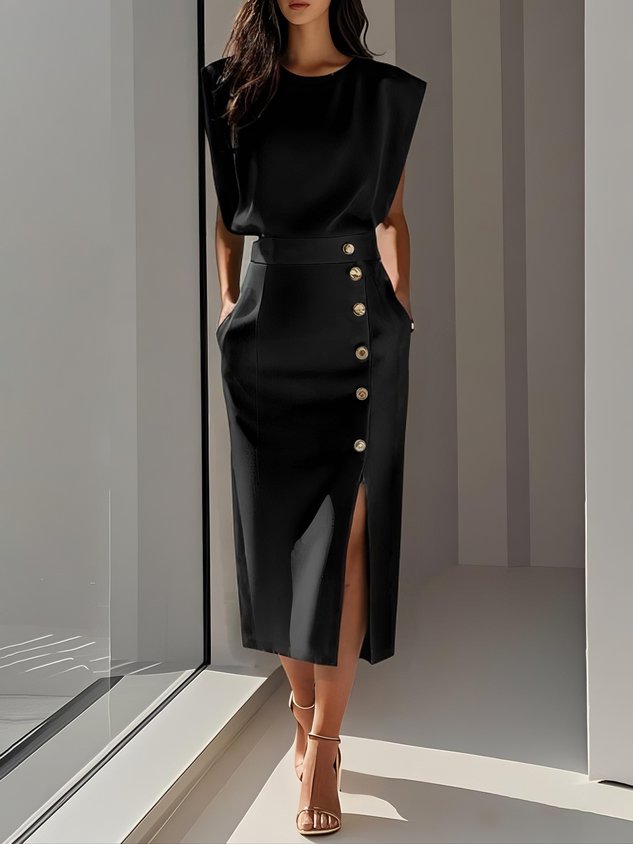 Women's Elegant Button-Front Detail Work Dress with Slit | Midi