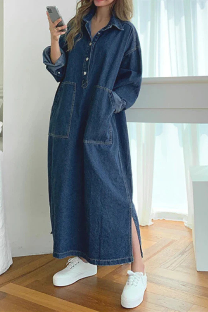 Women's Oversized Long Sleeve Collared Shirt Dress with Pockets | Maxi