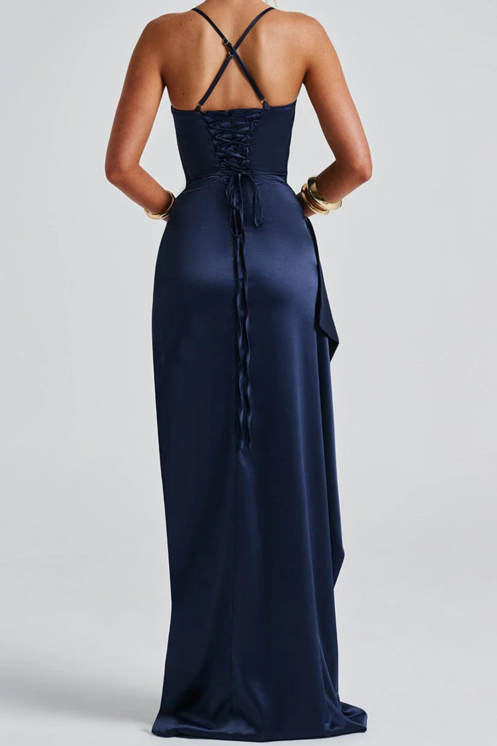 Women's Navy Blue Ruched High Slit Wedding Guest Dress | Maxi