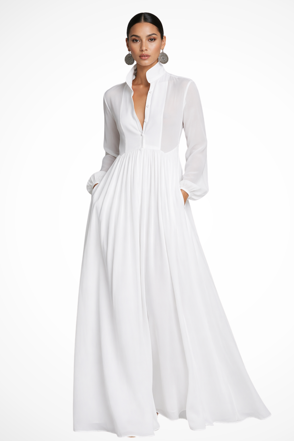 Women's Long Sleeve Button Front Garden Party Dress with Pockets | Maxi