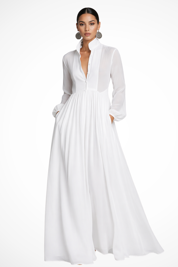 Women's Long Sleeve Button Front Garden Party Dress with Pockets | Maxi