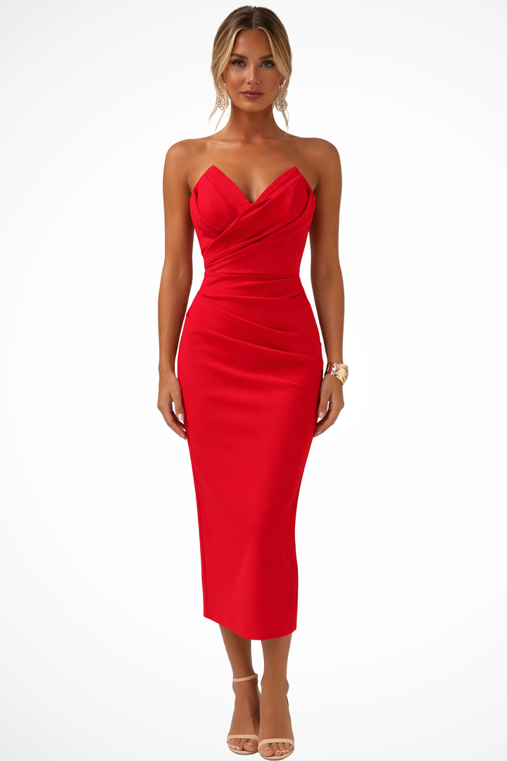 Women's Formal Strapless Sweetheart Neckline Ruched Dress | Midi