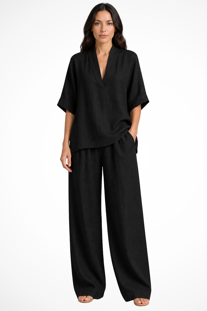 Women's Loose V Neck Top and Wide Leg Trousers Co-Ord Set | Two Piece