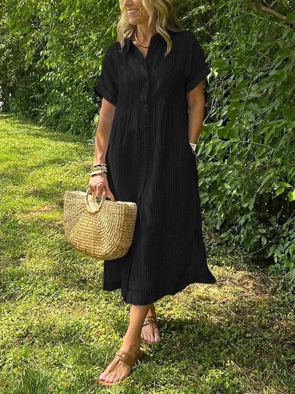 Women's Casual Summer Stripe Button-Up Shirt Dress | Midi