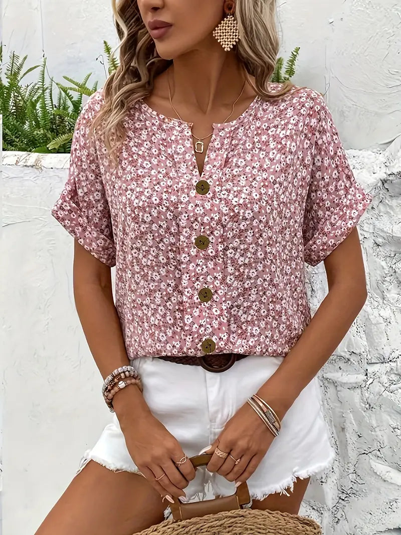 Women's Elegant Summer Floral Print Blouse | Short Sleeves
