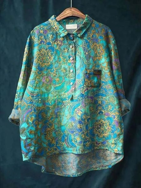 Women's Vintage Floral Button Fron Neck Collared Blouse | Long Sleeves