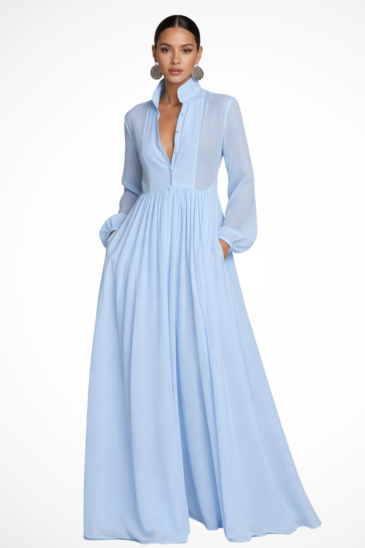 Women's Long Sleeve Button Front Garden Party Dress with Pockets | Maxi