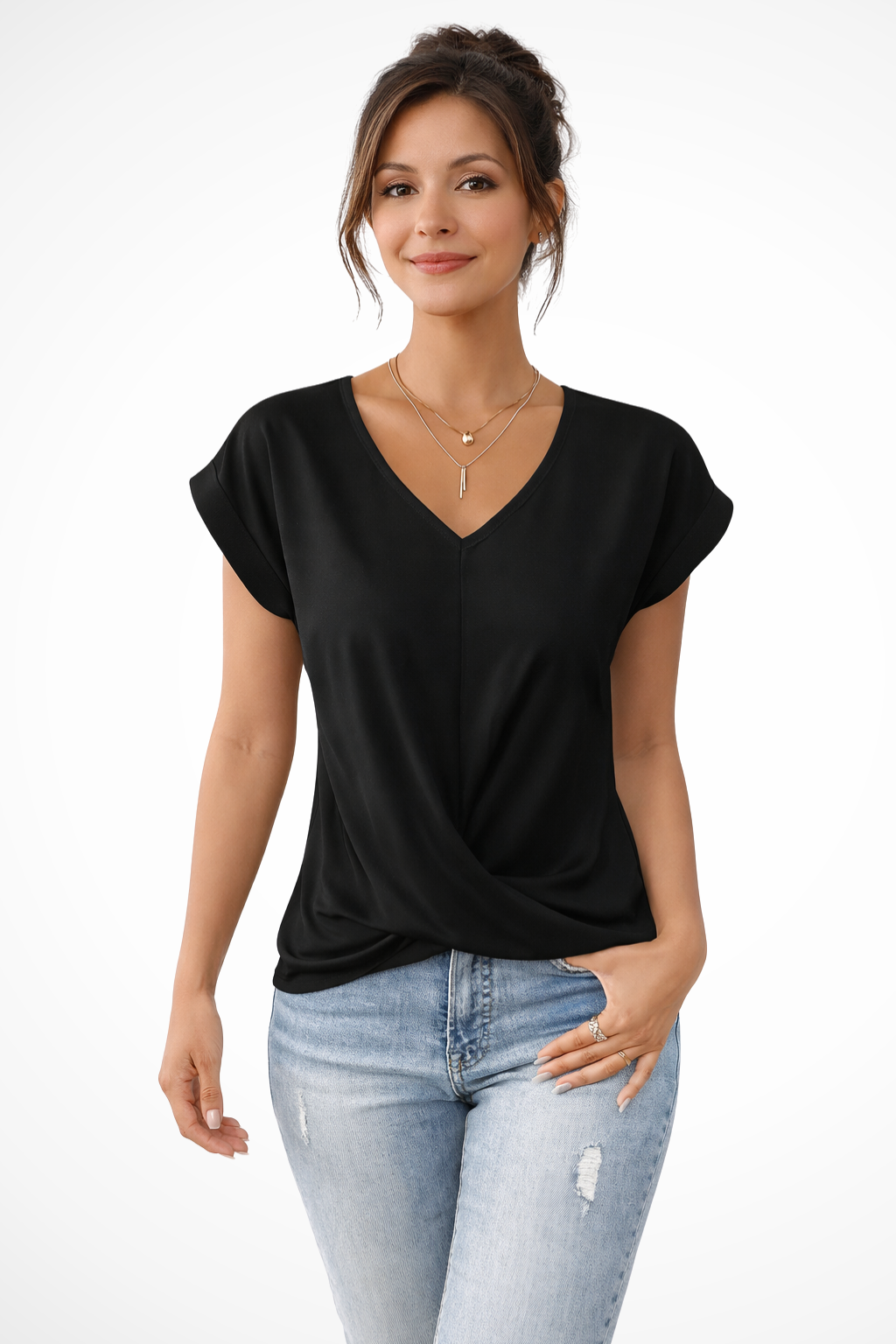 Women's Casual V-Neck Twist Hem Going Out T-Shirt | Short Sleeve