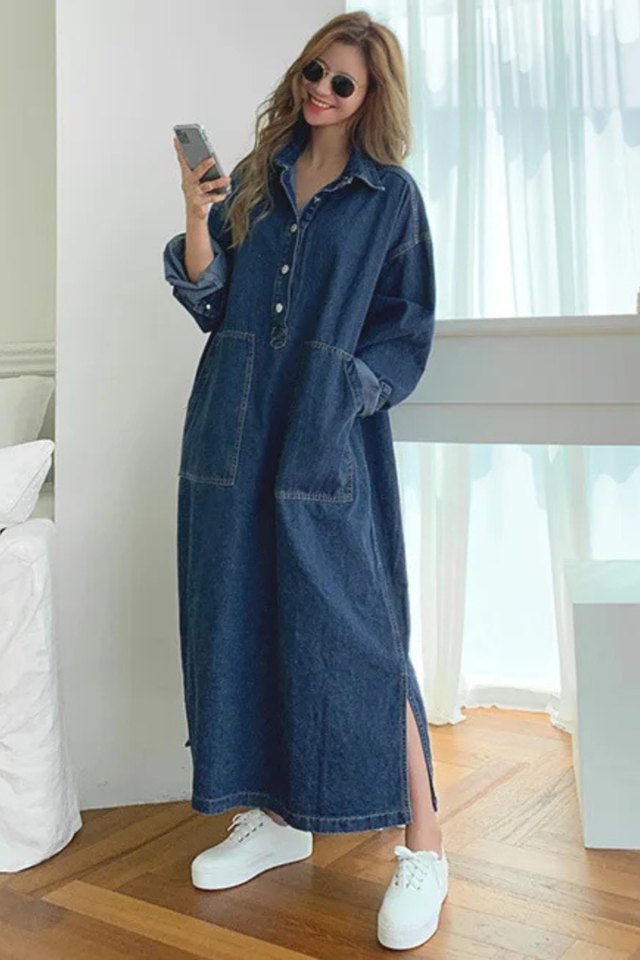 Women's Oversized Long Sleeve Collared Shirt Dress with Pockets | Maxi