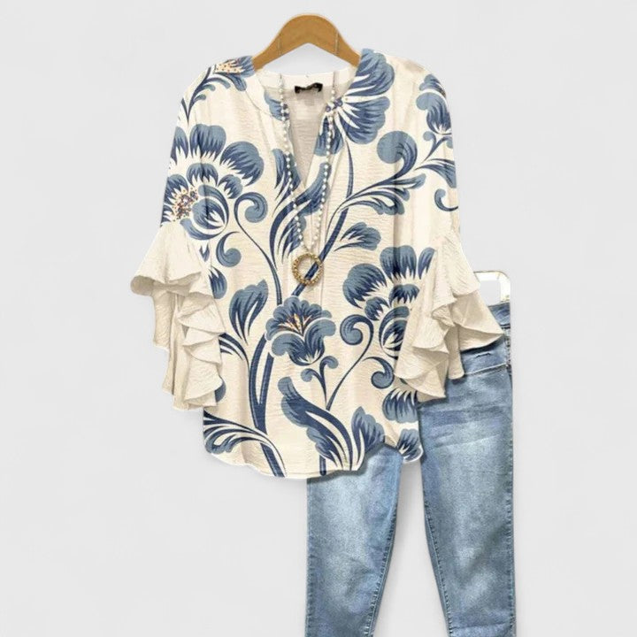 Women's Loose V-Neck Summer Blouse | Long-Sleeve