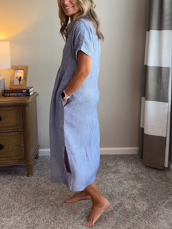 Women's Casual Summer Stripe Button-Up Shirt Dress | Midi