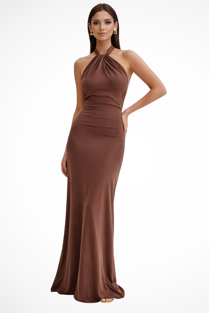 Women's Halter Neck Twisted Knot Open Back Bodycon Dress | Maxi