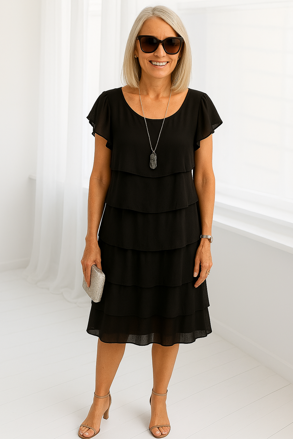 Women’s Elegant Short Sleeve Layered Dress | Midi
