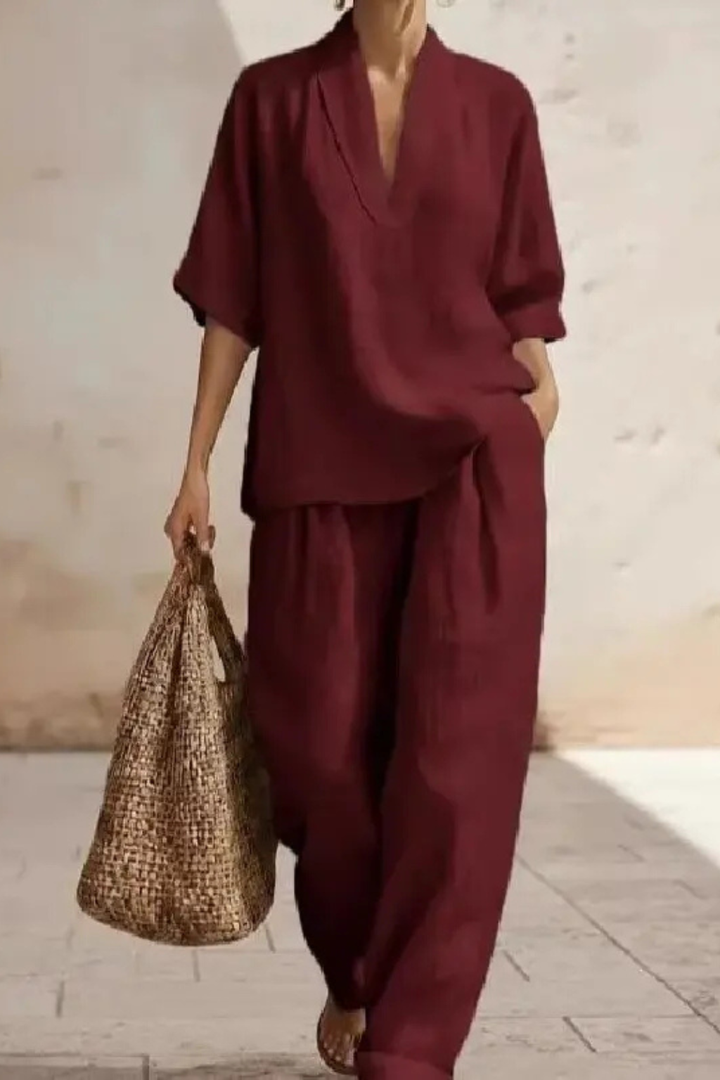 Women's Loose V Neck Top and Wide Leg Trousers Co-Ord Set | Two Piece