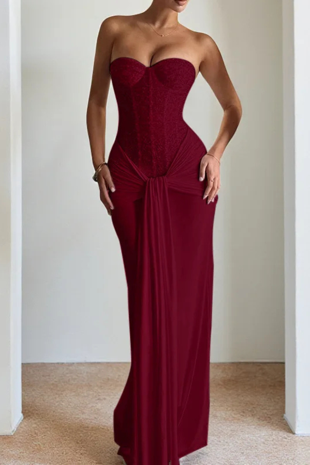 Women's Evening Corset Strapless Draped Wedding Guest Dress | Maxi