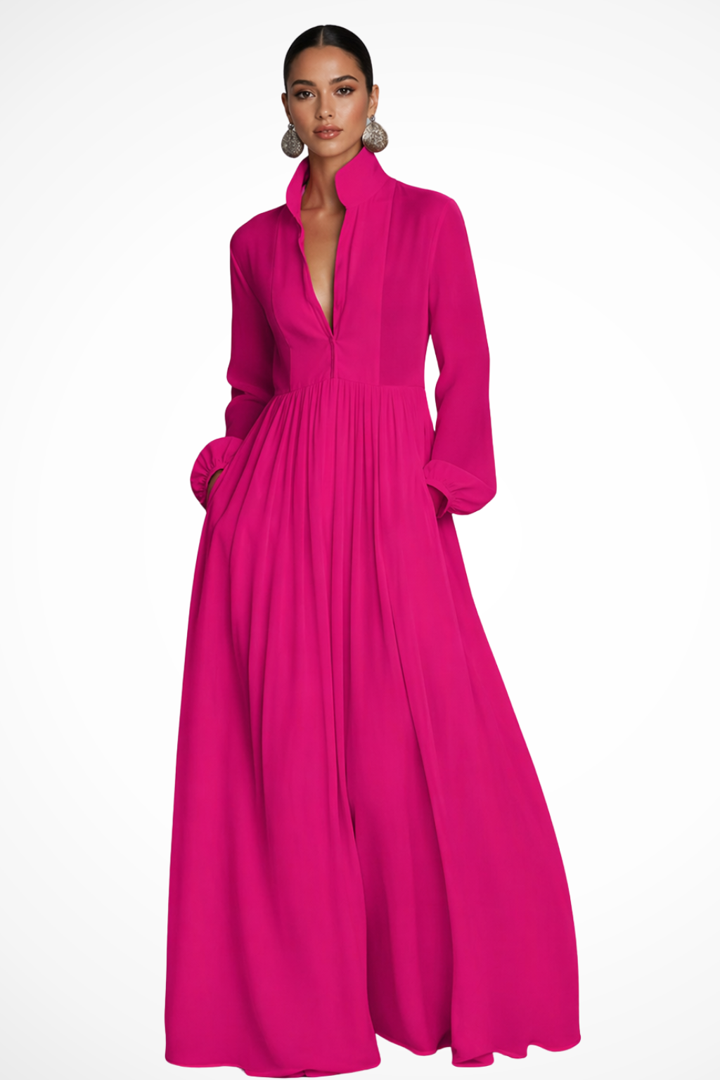 Women's Long Sleeve Button Front Garden Party Dress with Pockets | Maxi
