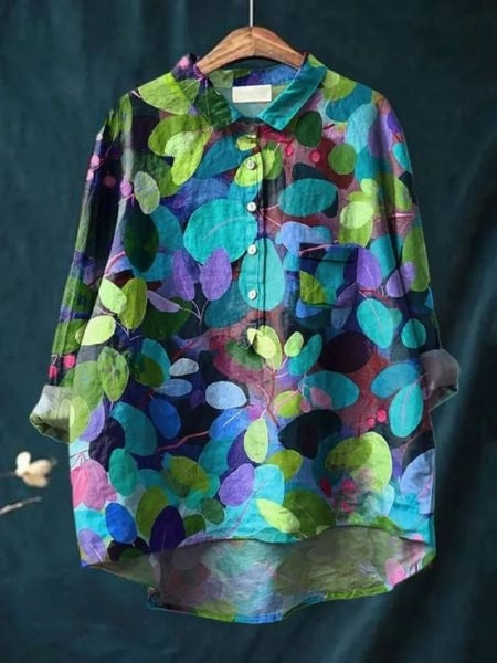 Women's Vintage Floral Button Fron Neck Collared Blouse | Long Sleeves