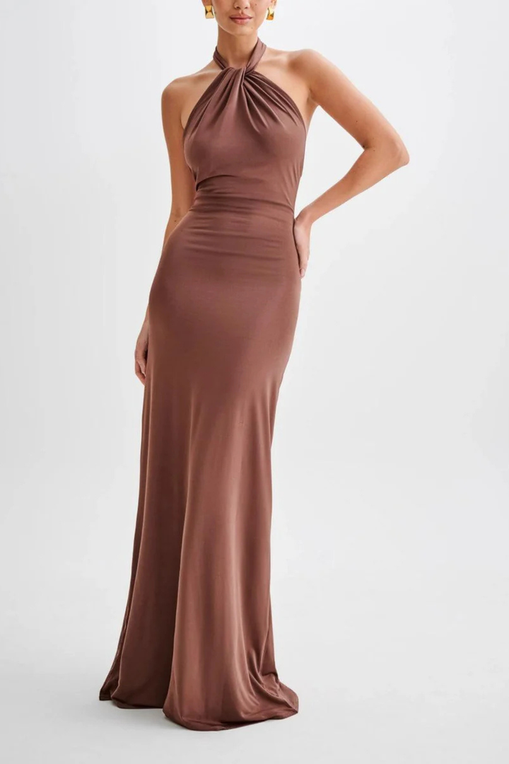 Women's Halter Neck Twisted Knot Open Back Bodycon Dress | Maxi