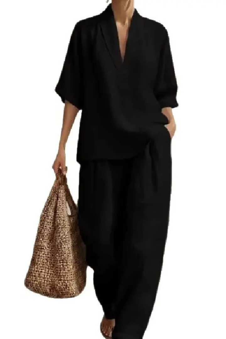 Women's Loose V Neck Top and Wide Leg Trousers Co-Ord Set | Two Piece